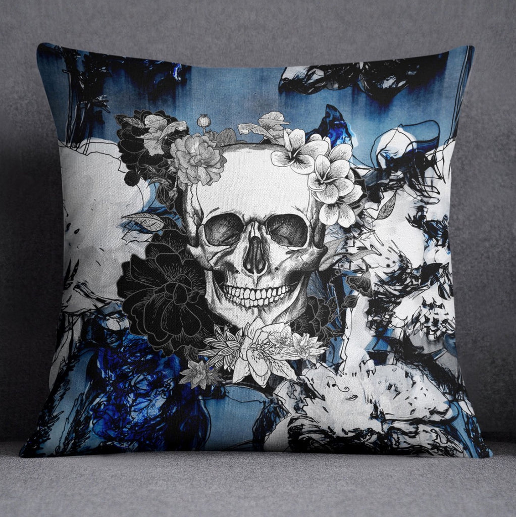 Abstract Blue Flower Skull Throw Pillow