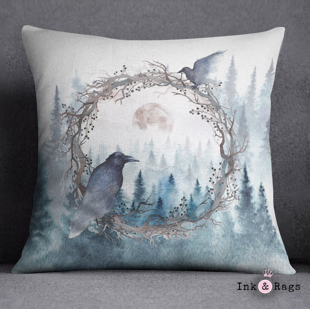Poe Inspired Watercolor Forest Moon Raven Throw Pillow