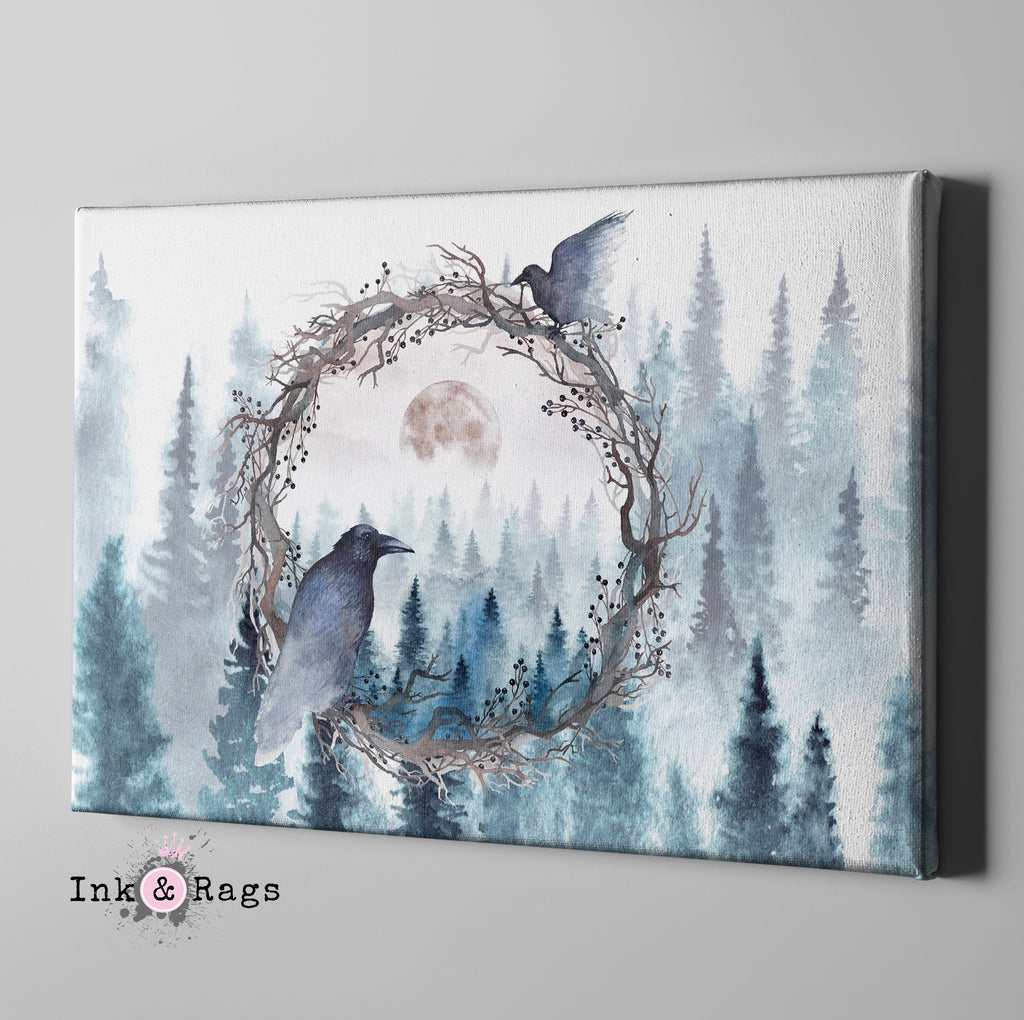 Poe Inspired Watercolor Forest Moon Raven Gallery Wrapped Canvas