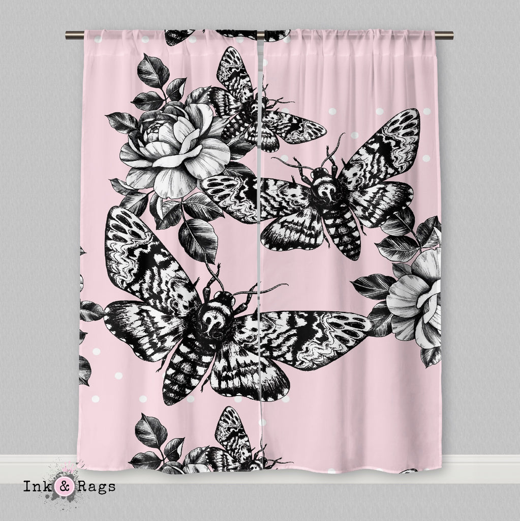 Pink Death Head Moth Skull and Rose Curtains