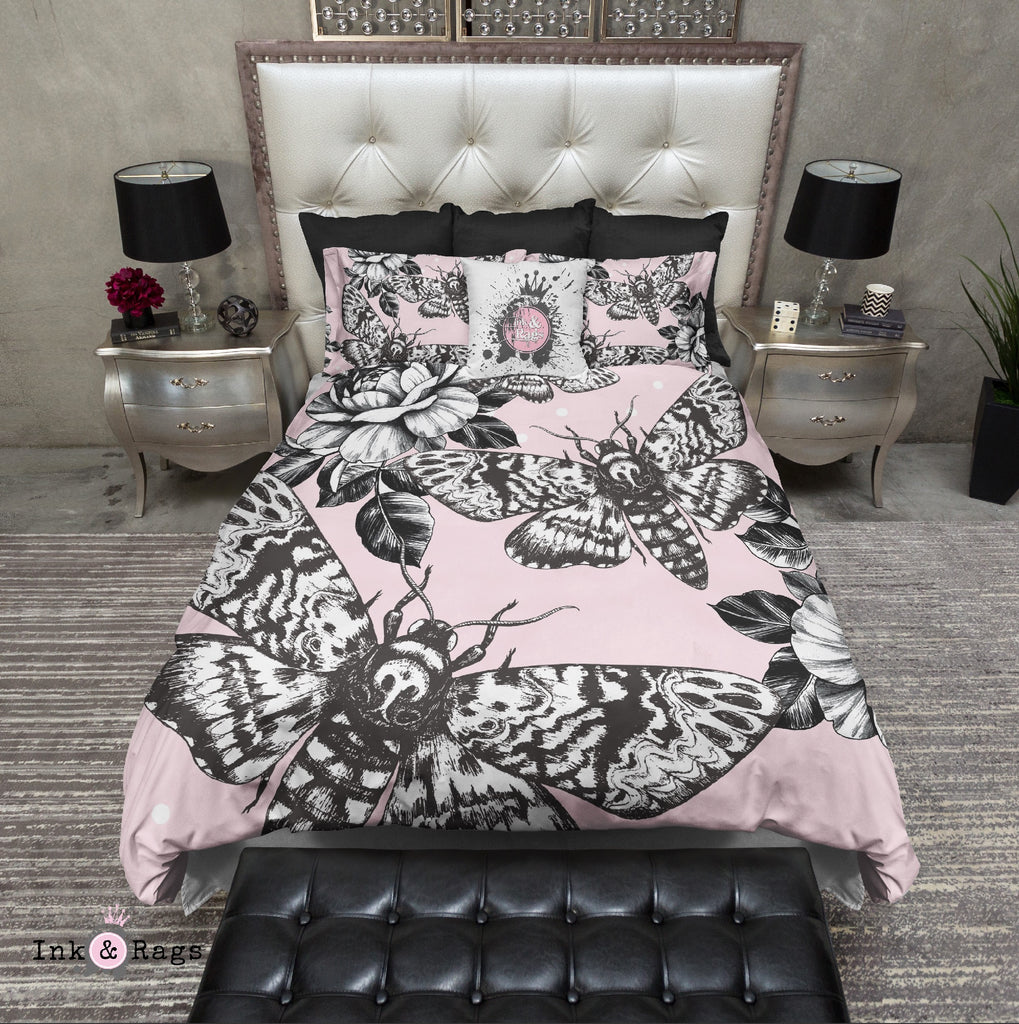 Pink Death Head Moth Skull and Rose Bedding Collection