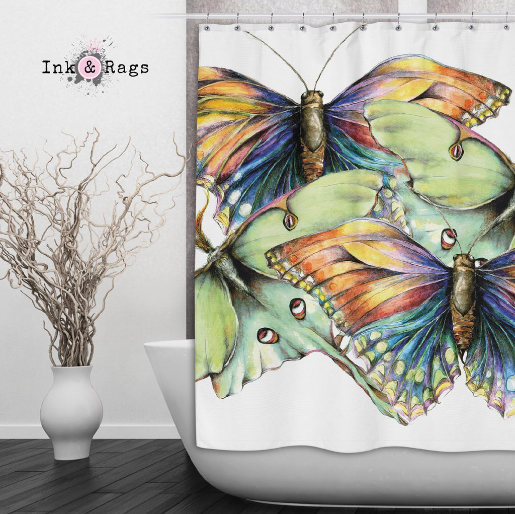 Butterfly and Luna Moth Watercolor Shower Curtains and Optional Bath Mats