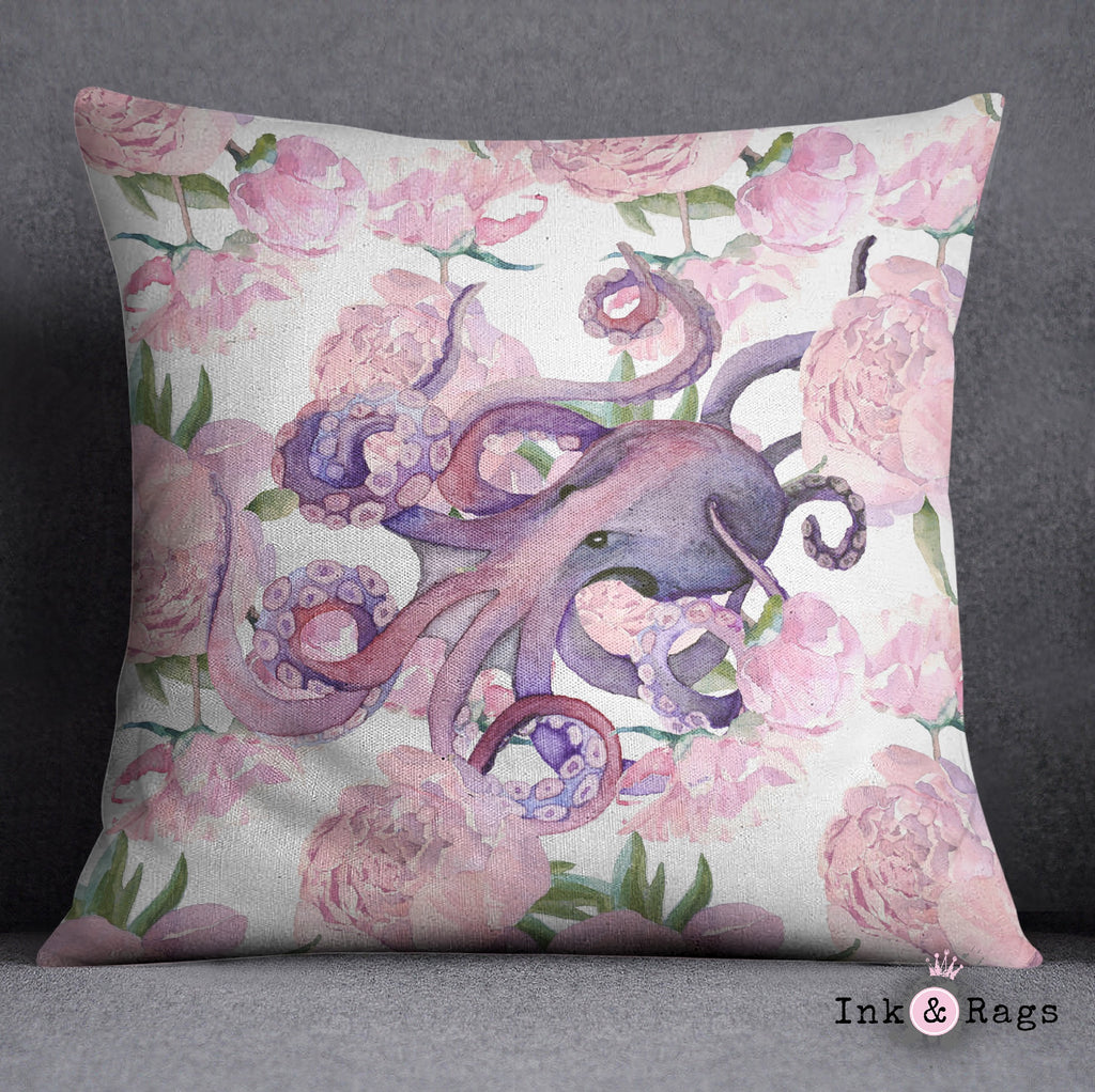 Pink Peony Purple Octopus Throw Pillow