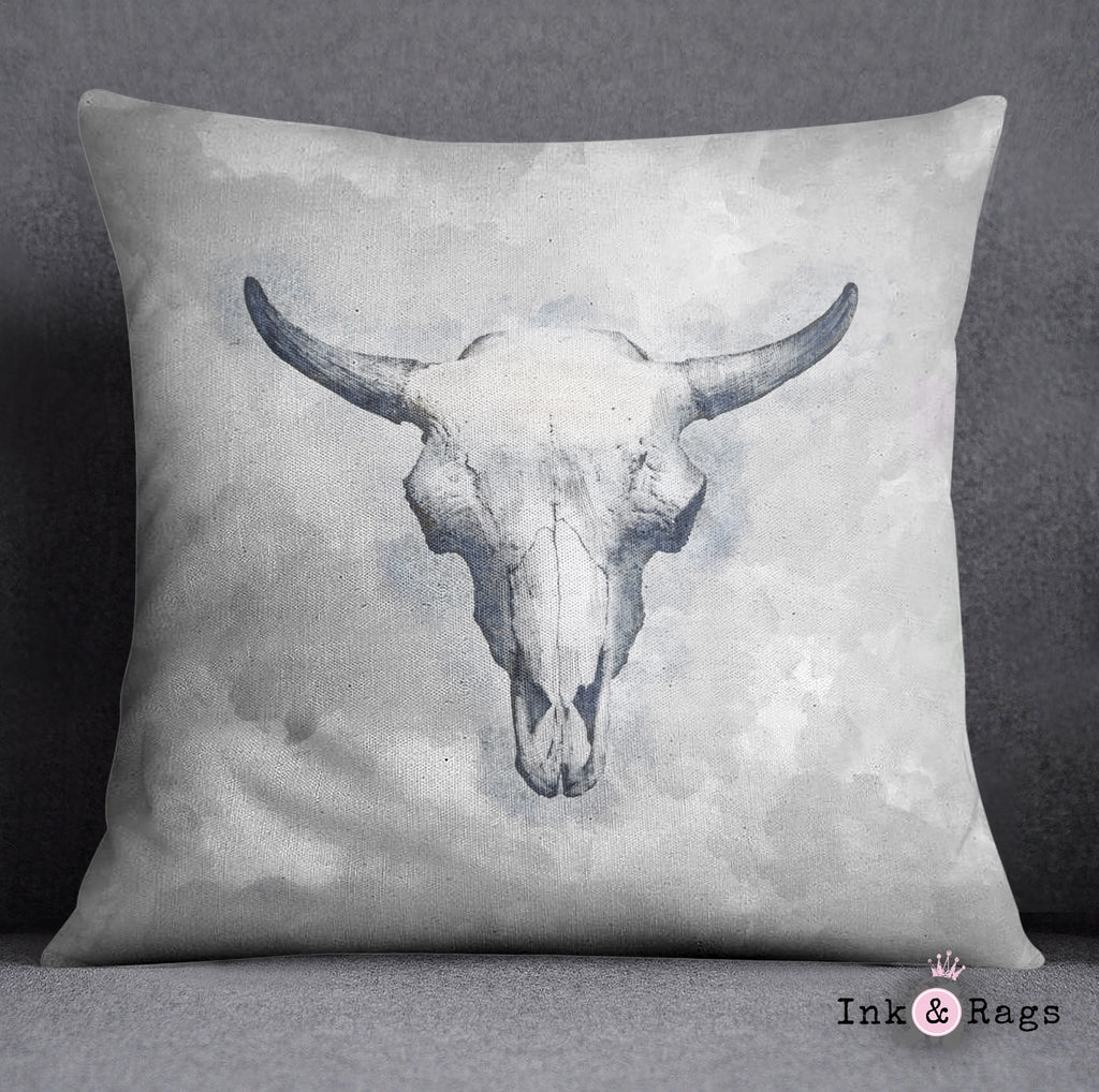 Blue Bull Cow Skull Throw Pillow