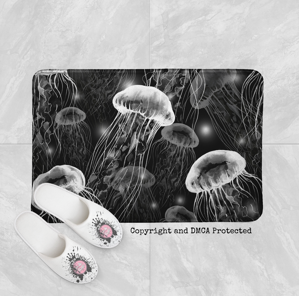 Black and White Jellyfish Shower Curtains and Optional Bath Mats