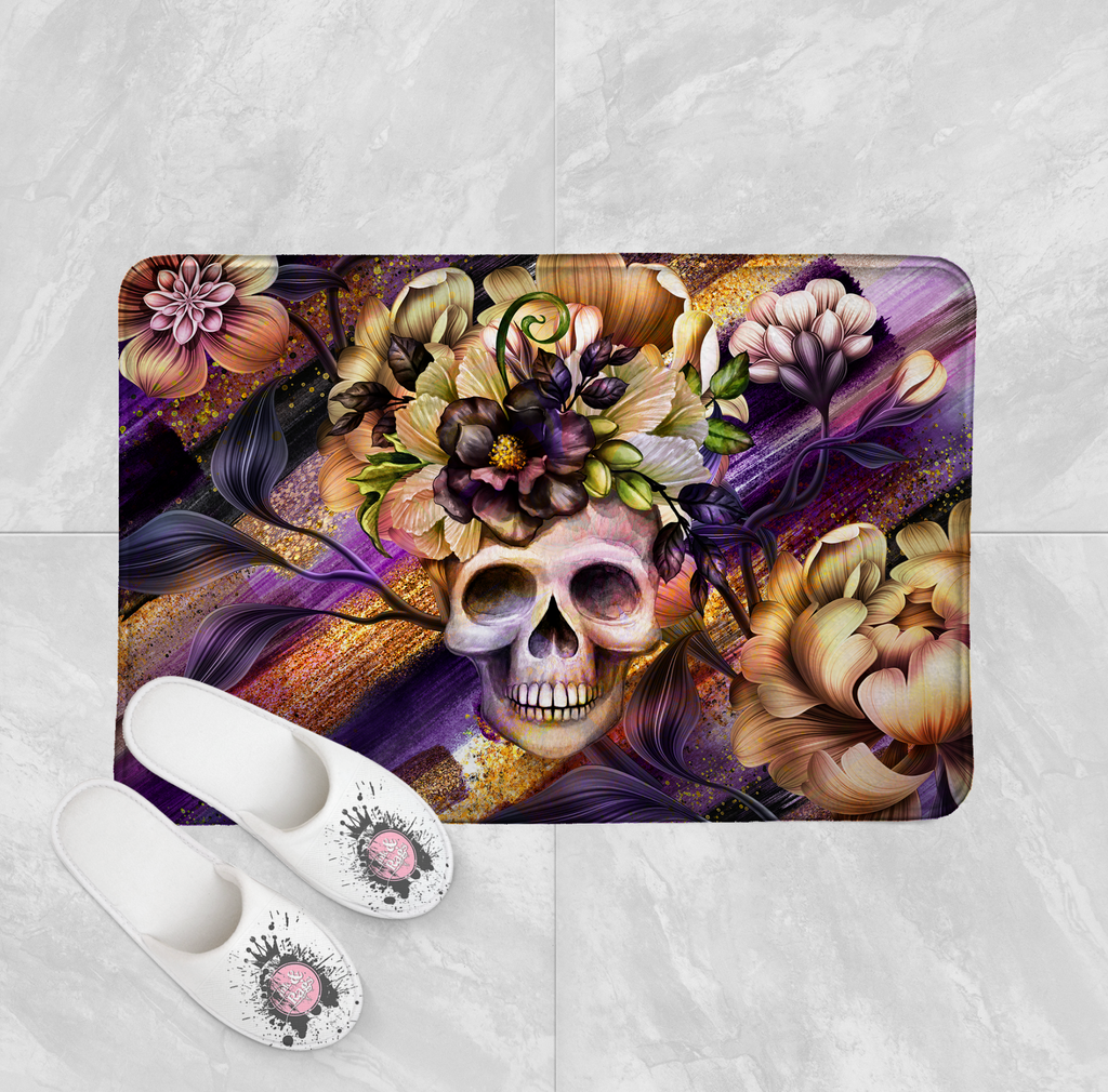 Plum and Gold Floral Skull Shower Curtains and Optional Bath Mats