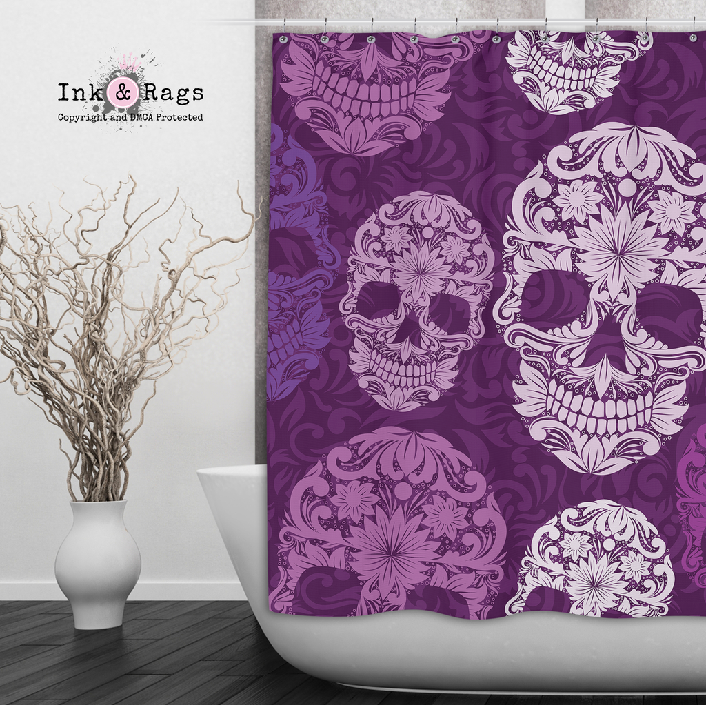 Purple Scroll Skull Shower Curtains and Optional Bath Mats