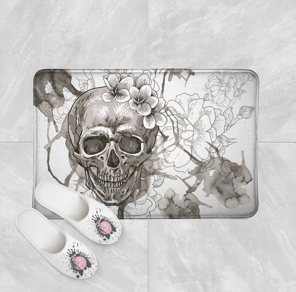 Beige Watercolor Skull Shower Curtains and Optional Bath Mats