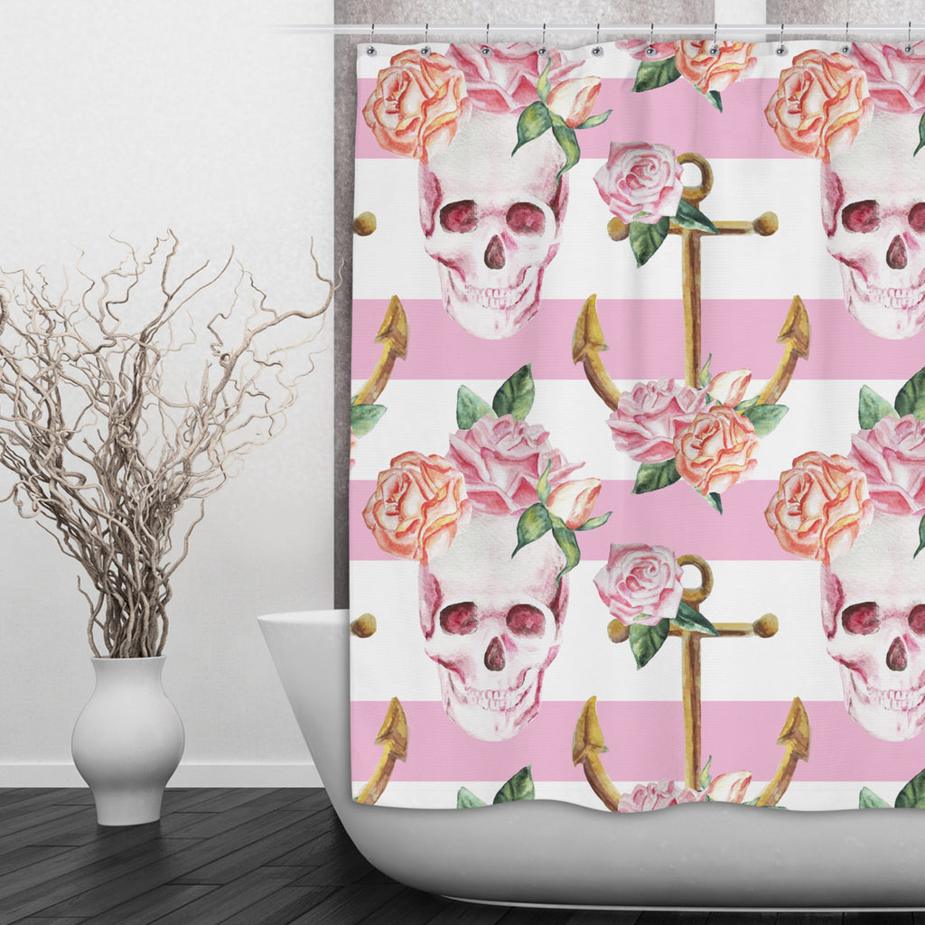 Pink Skull and Anchor Shower Curtains and Optional Bath Mats