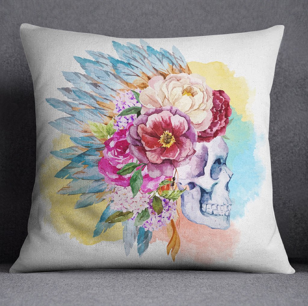 Bright Watercolor Skull with Native American Indian Headdress Throw Pillow