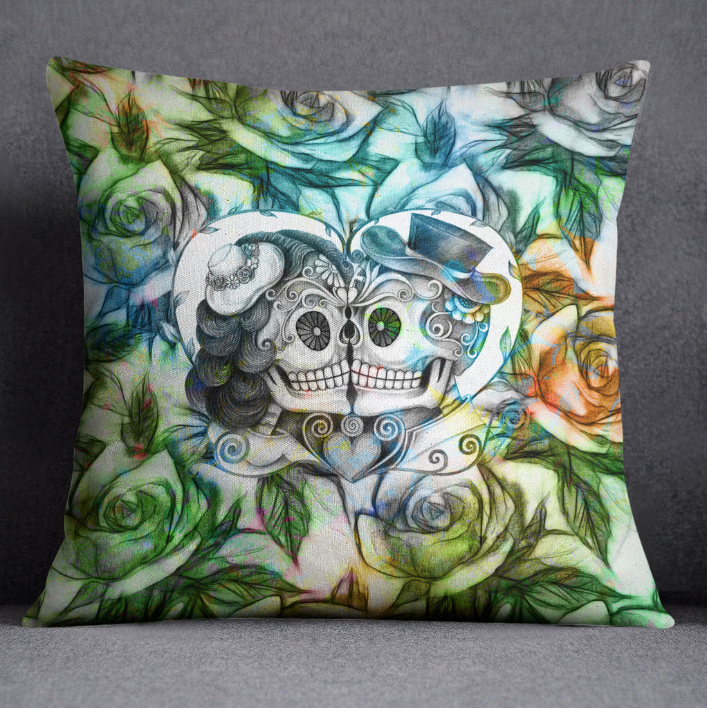 Blue Green and Gold Sugar Skull Couple Throw Pillow