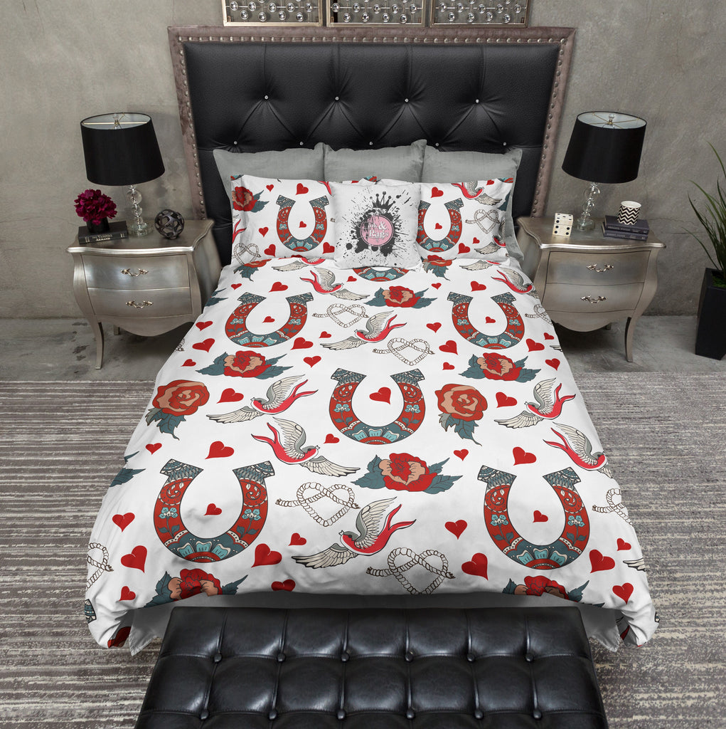 Rockabilly Tattoo Style Horse Shoe for Luck Bedding Collection