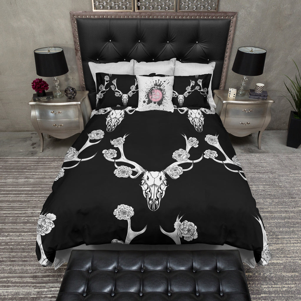 Black and White Rose and Buck Skull Bedding Collection