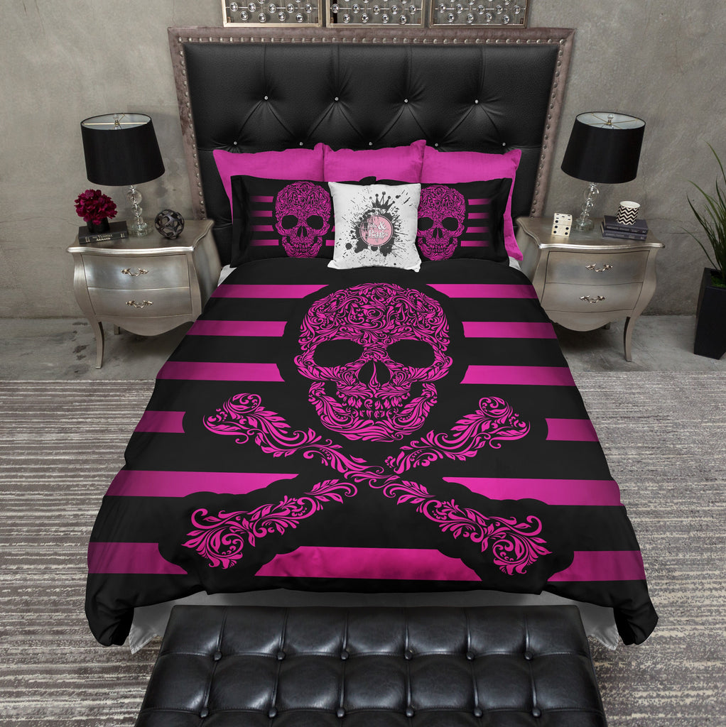 Hot Pink Striped Skull and Crossbones Bedding Collection