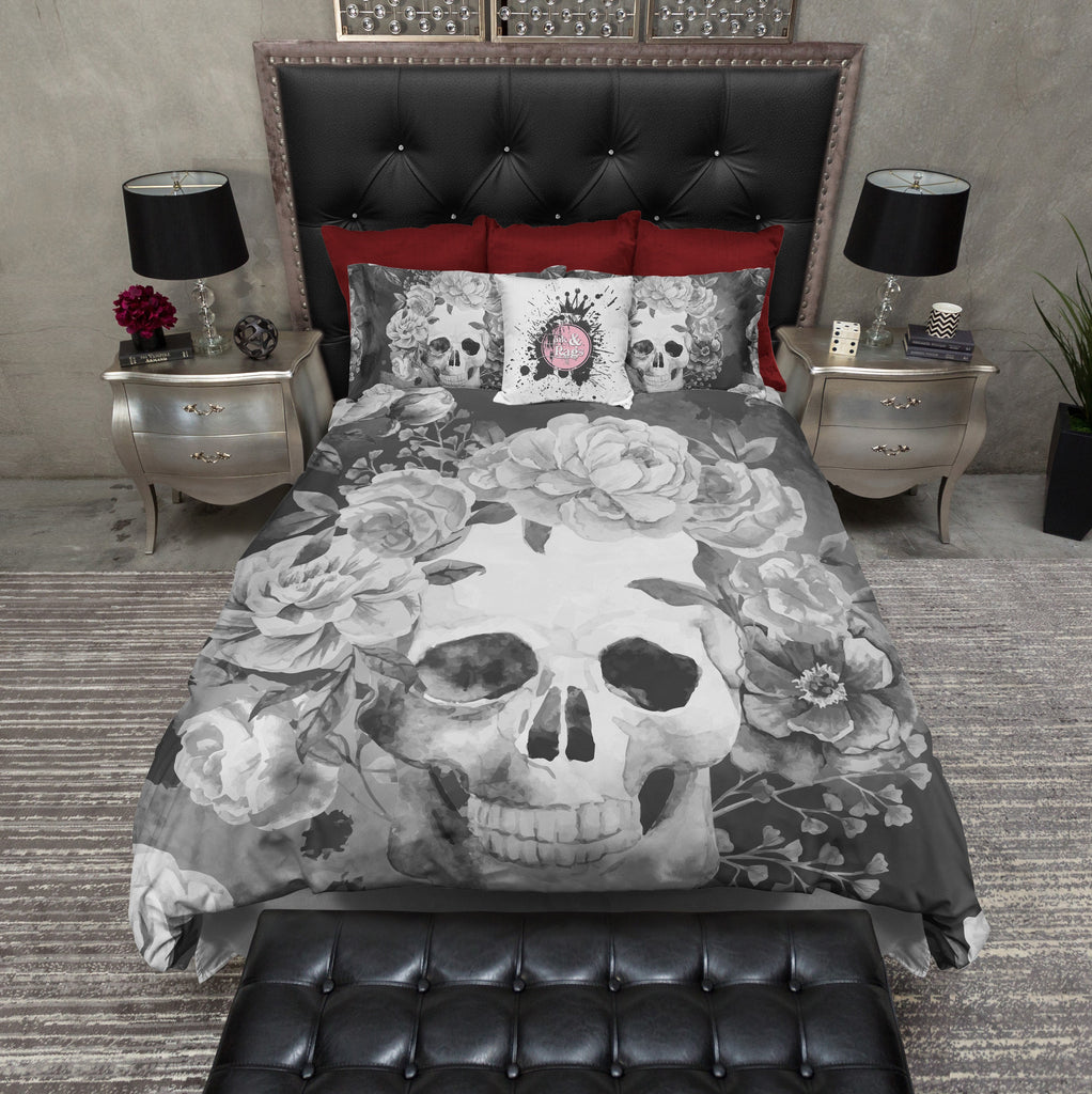 Shades of Grey Watercolor Skull Bedding Collection