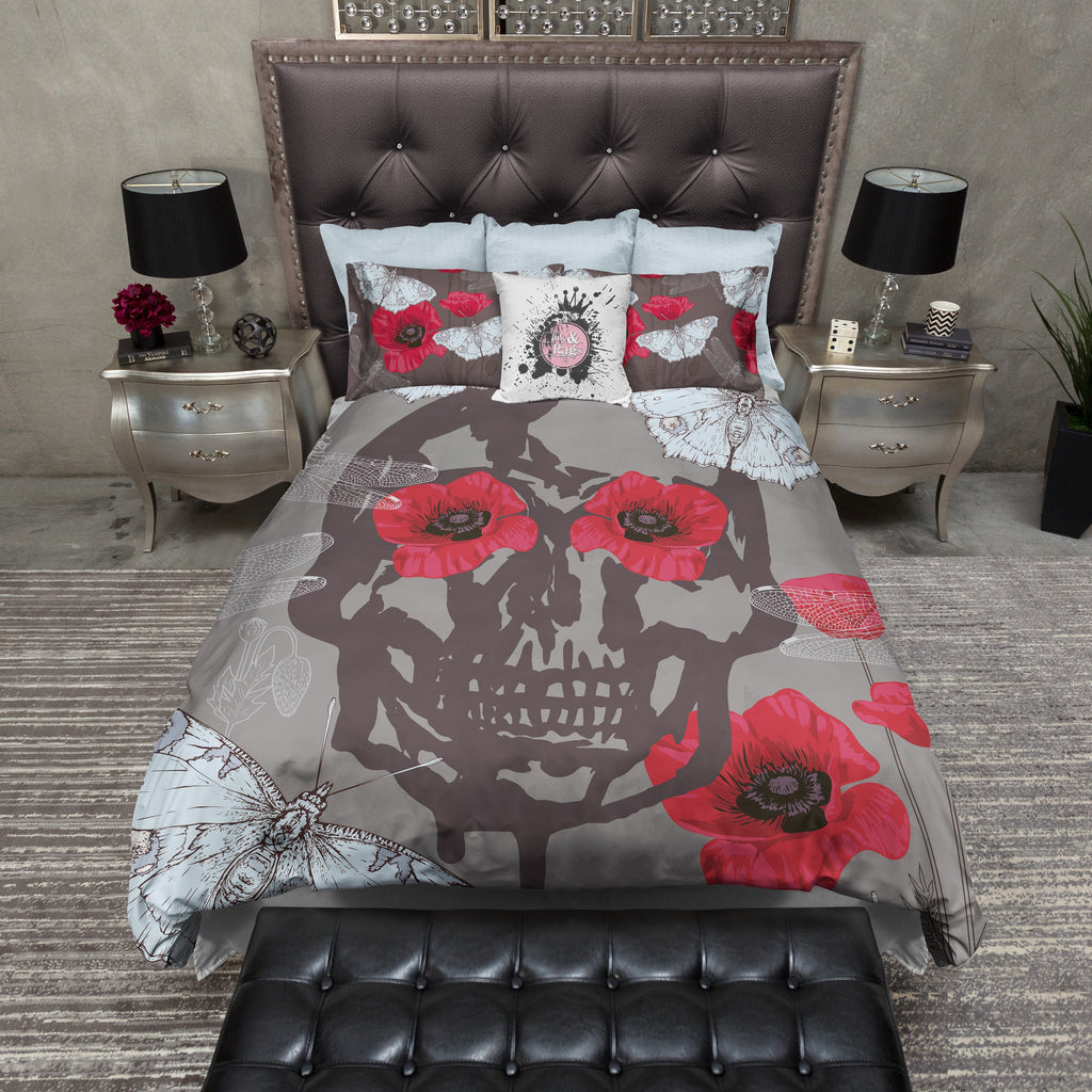 Blue Moth and Red Poppy Skull Bedding Collection
