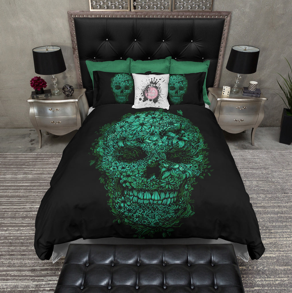 Black and Green Floral Skull Bedding Collection