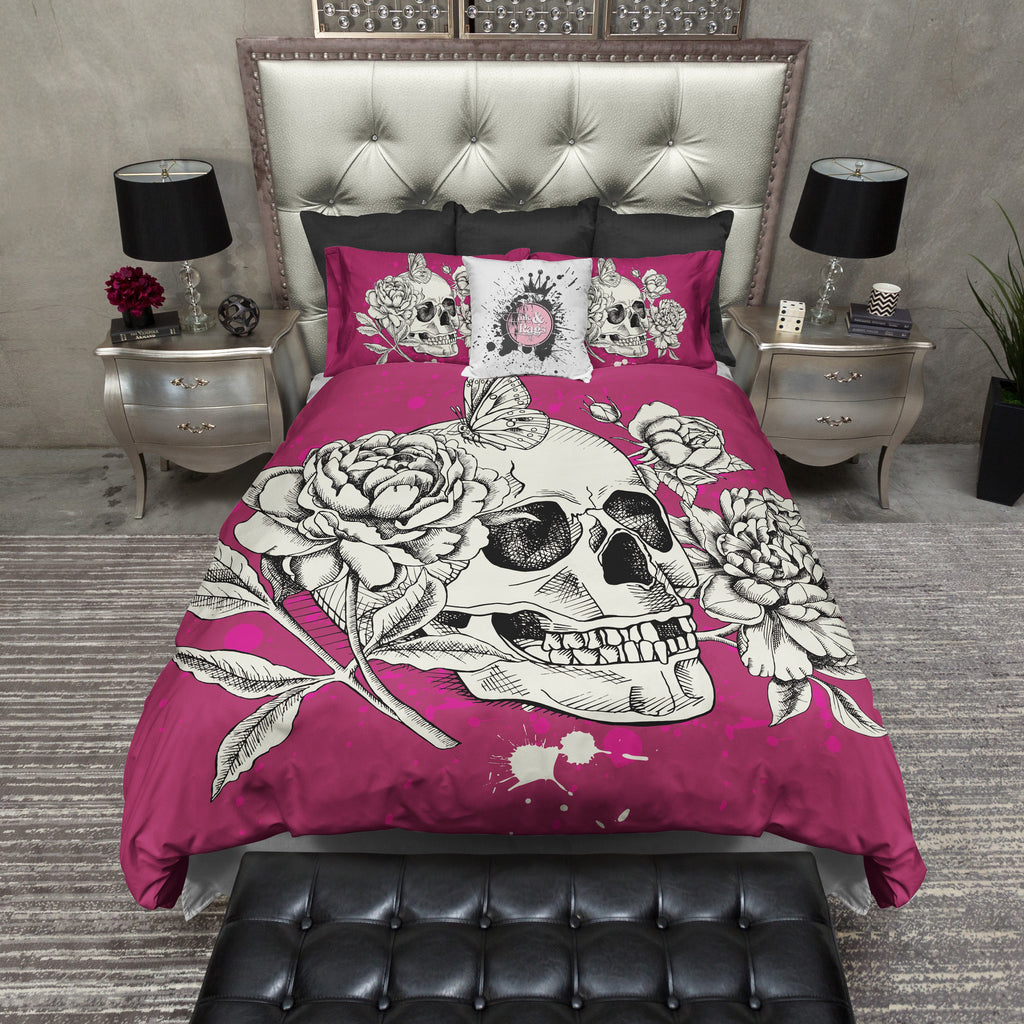 Bright Pink Peony and Butterfly Skull CREAM Bedding Collection