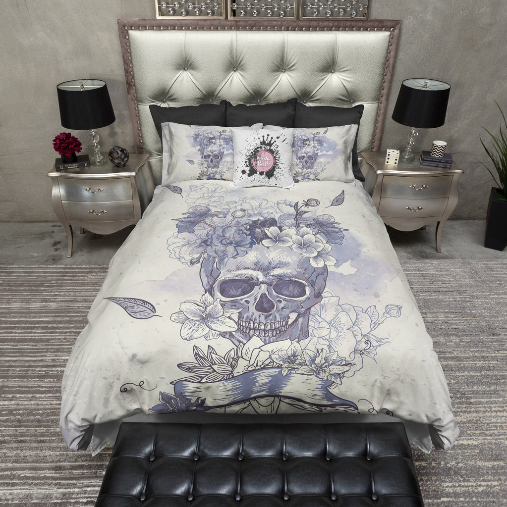 Purple and Blue Watercolor Skull CREAM Bedding Collection