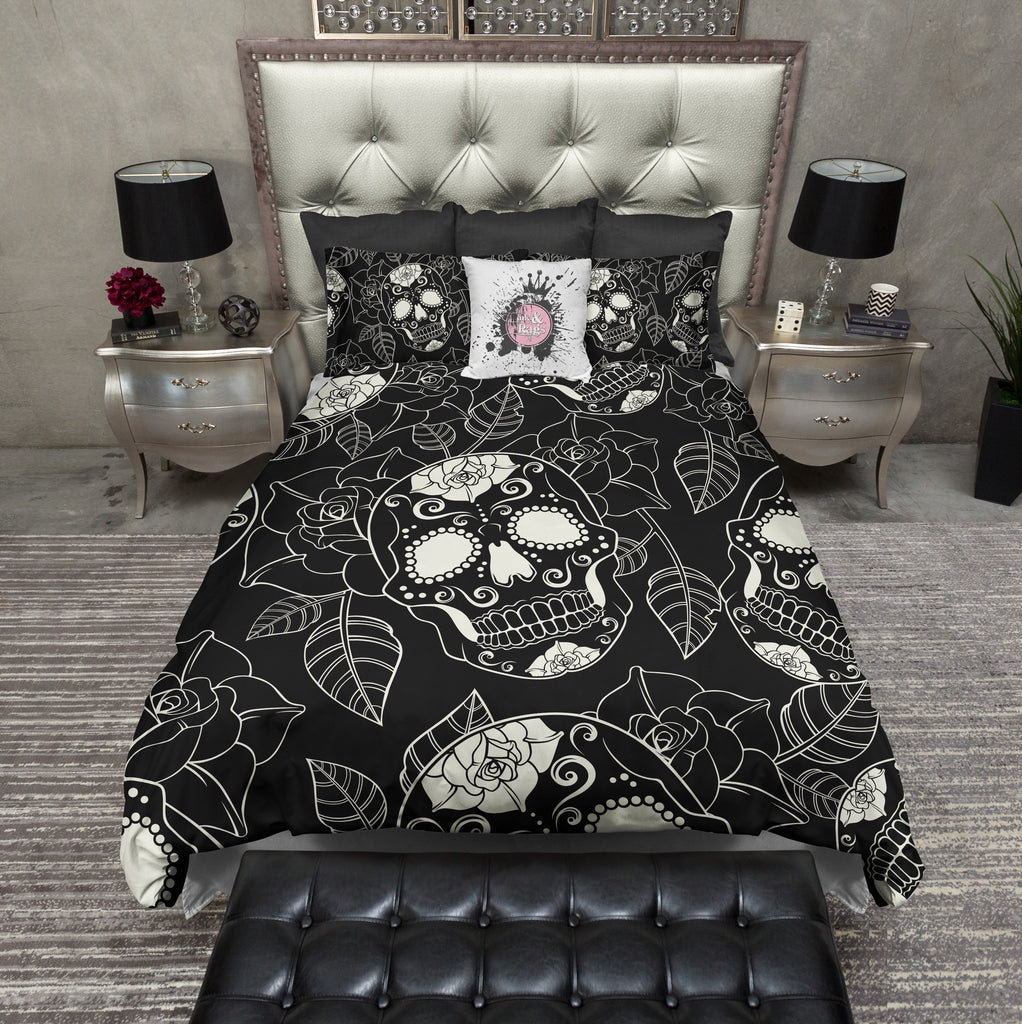 Black Sugar Skull Rose CREAM Bedding Collection