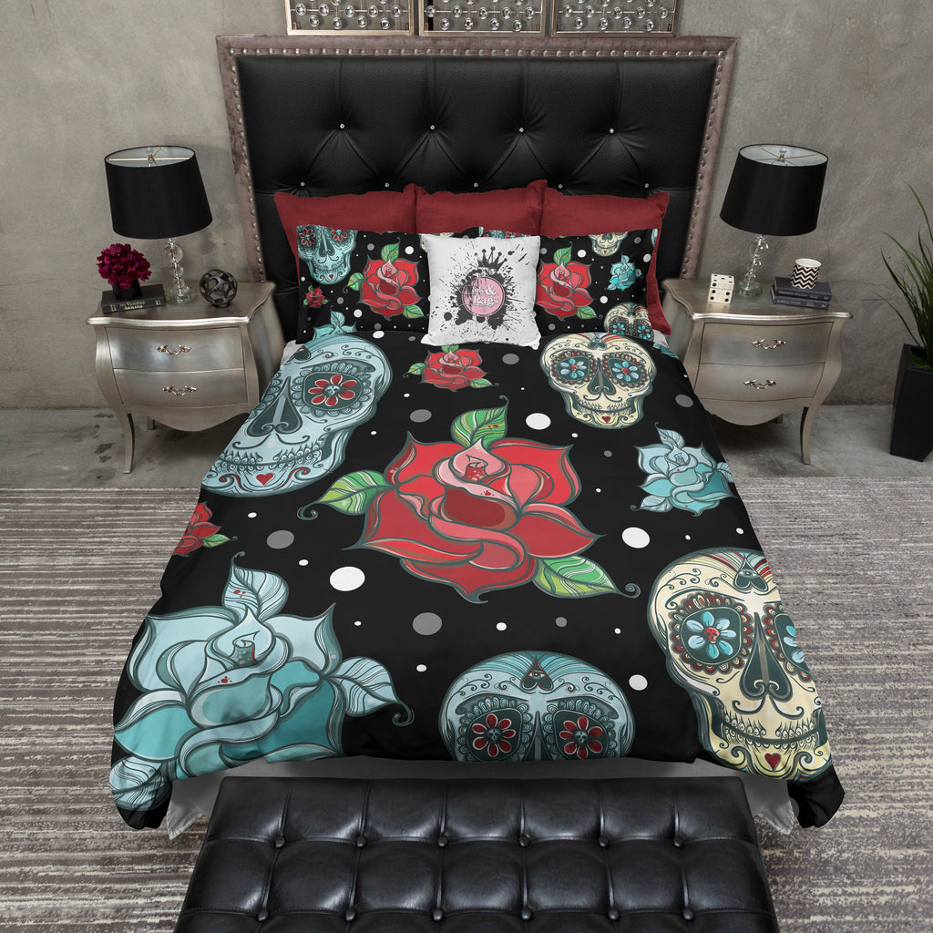 Turquoise Sugar Skull and Red Roses Bedding Collection