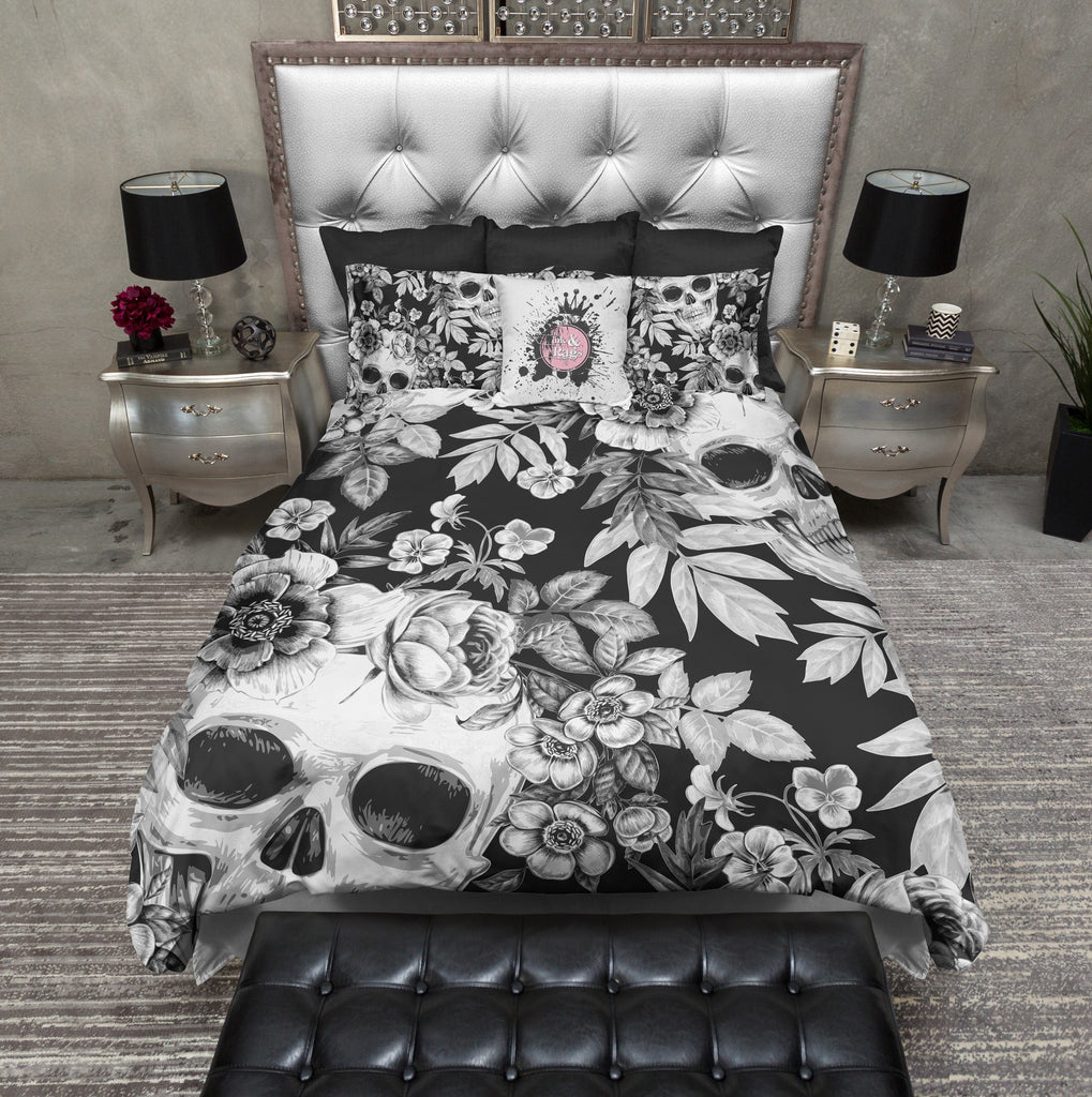 White on BlackPrint Flower and Skull Bedding Collection