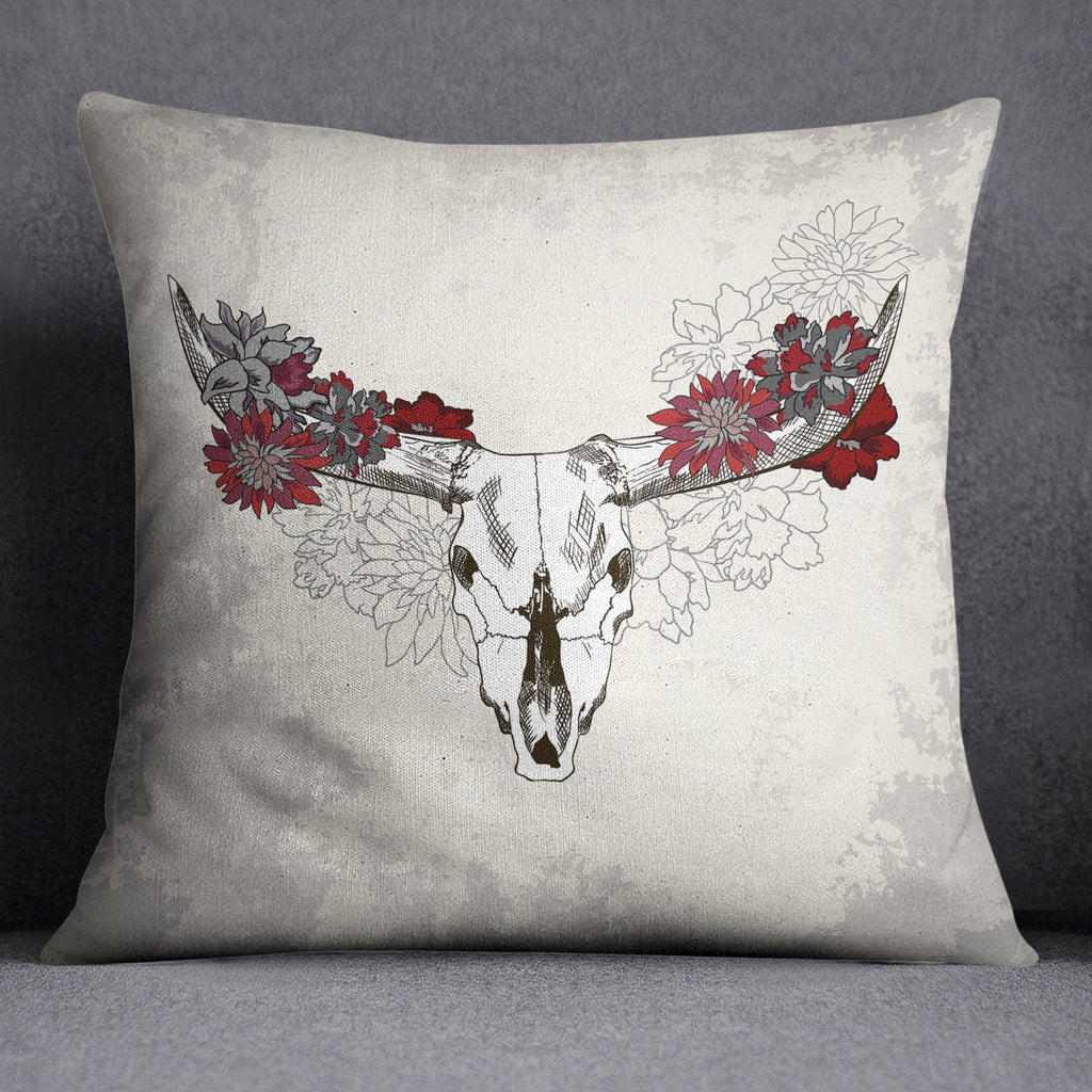 Red and Cream Cow Skull Throw Pillow