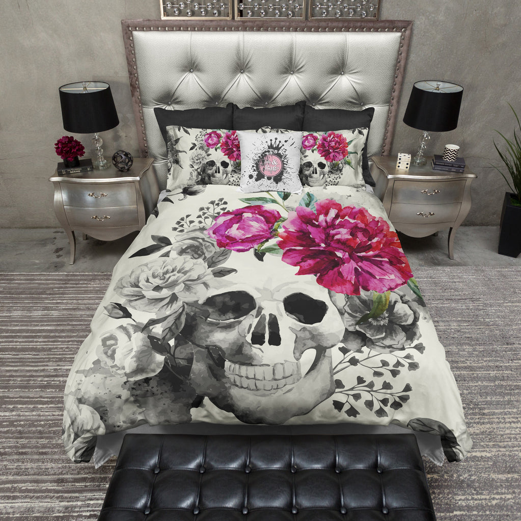 Pink Flower Watercolor Skull CREAM Bedding Collection