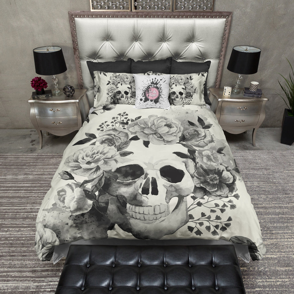 Black and Cream Watercolor Skull CREAM Bedding Collection