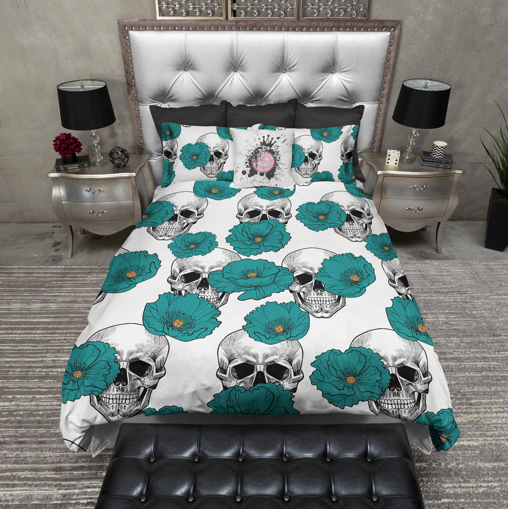 Teal Poppy and White Skull Bedding Collection