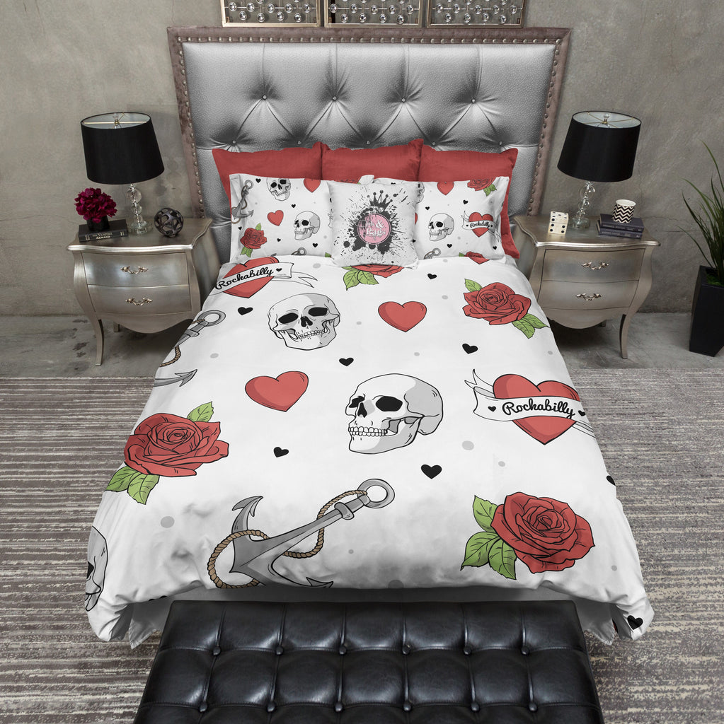 Rockabilly Heart Anchor Rose Skull on WHITE Bedding Collection