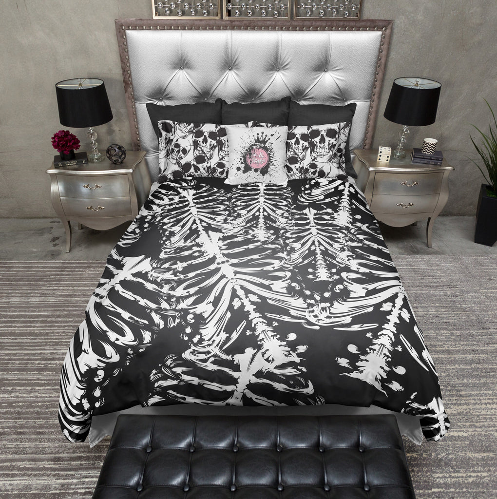 Black and White Skull and Torso Skeleton Bedding Collection