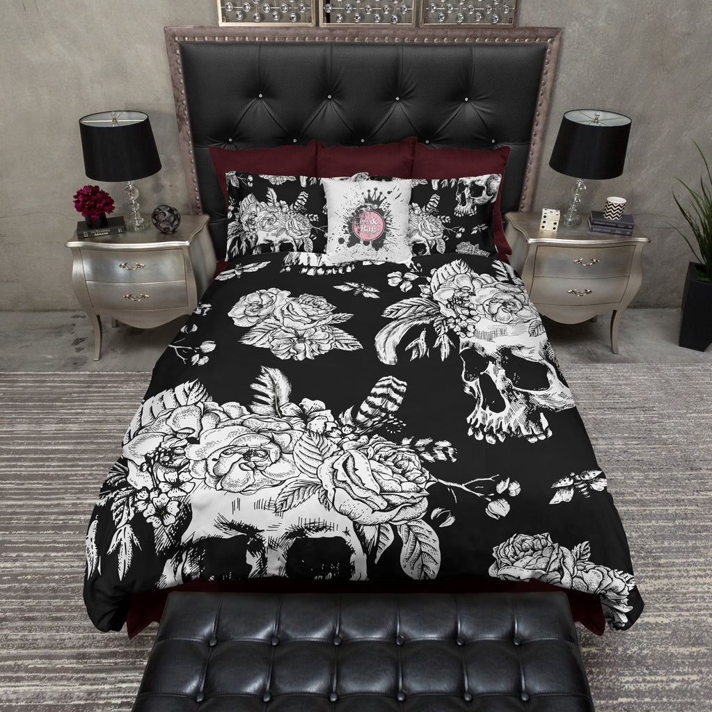 Black and White Skull with Flower and Feather Crown Bedding Collection