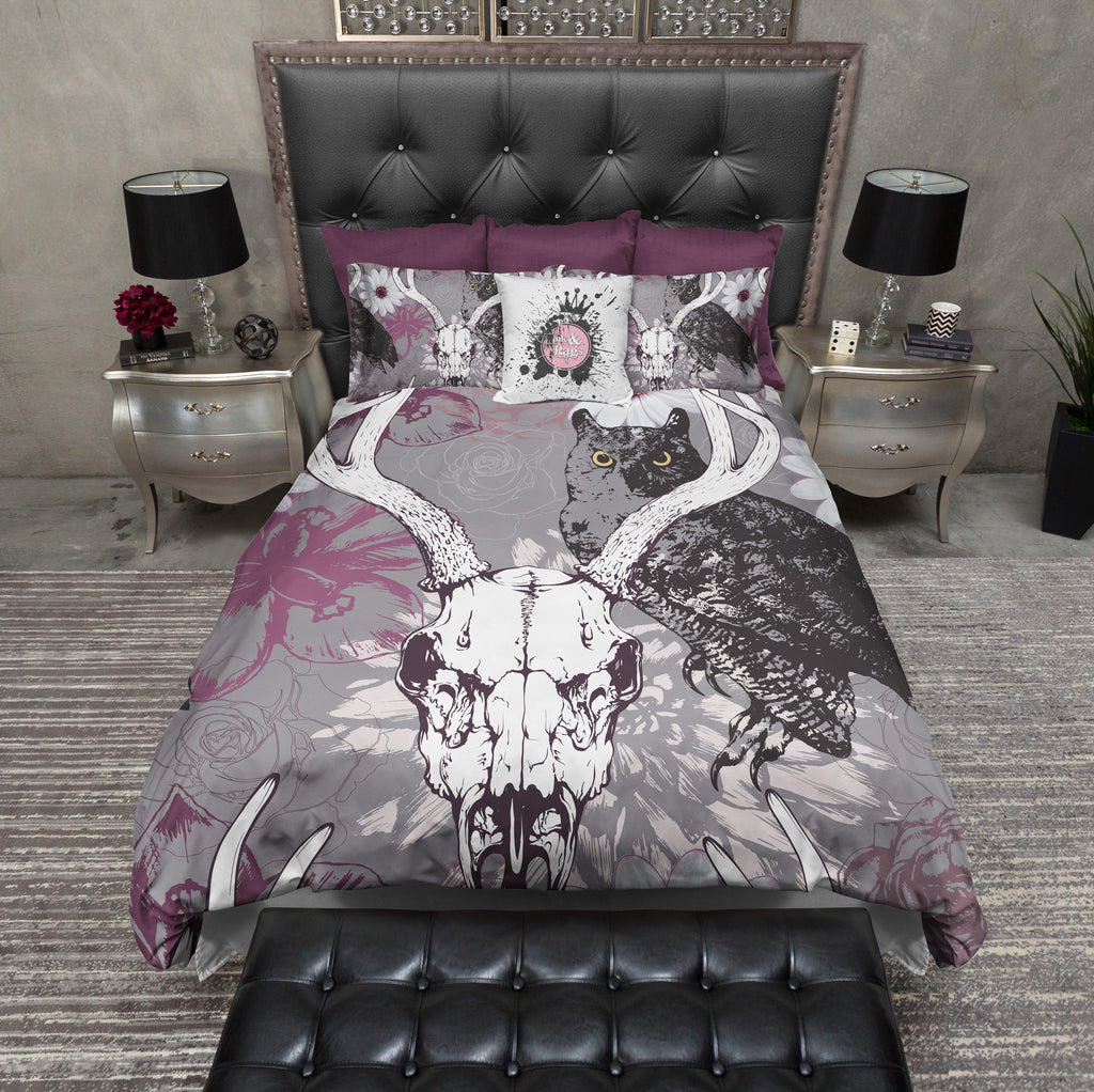 Buck Skull with Owl and Purple Flowers Bedding Collection