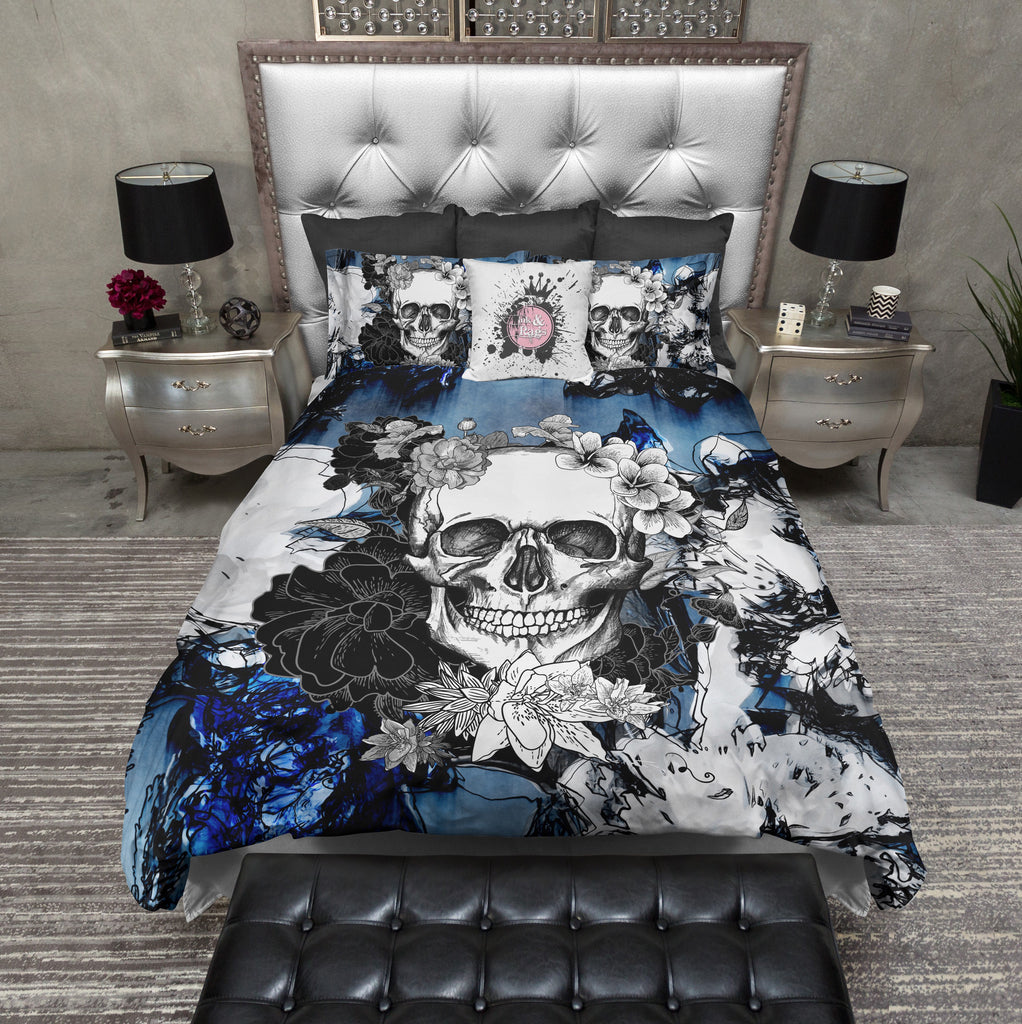 Abstract Blue Flower Skull Bedding Collection