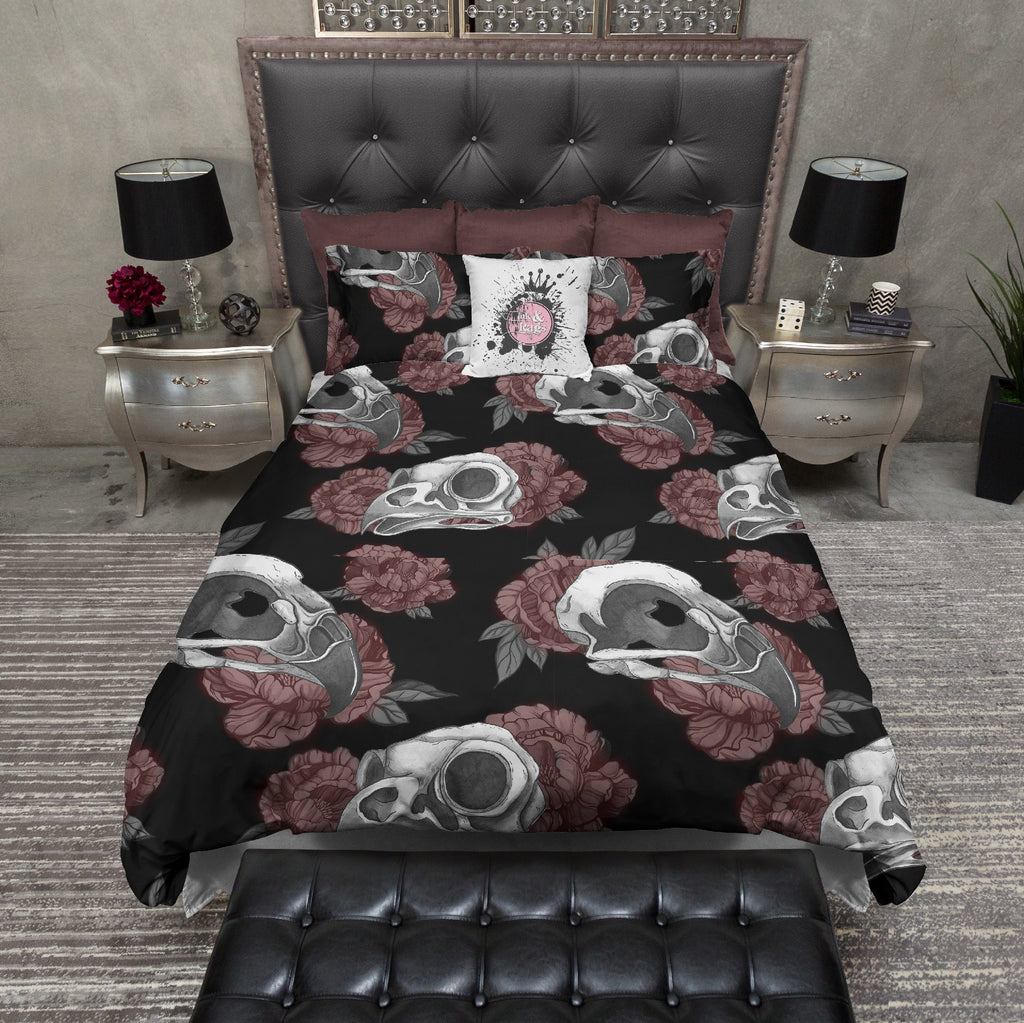 Gothic Maroon Peonies and Bird Skulls Bedding Collection