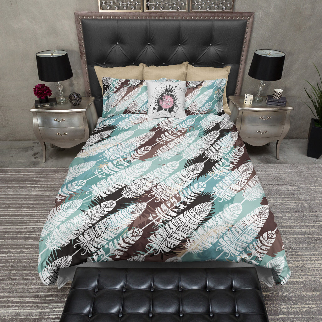 Boho Feather Teal and Brown Bedding Collection
