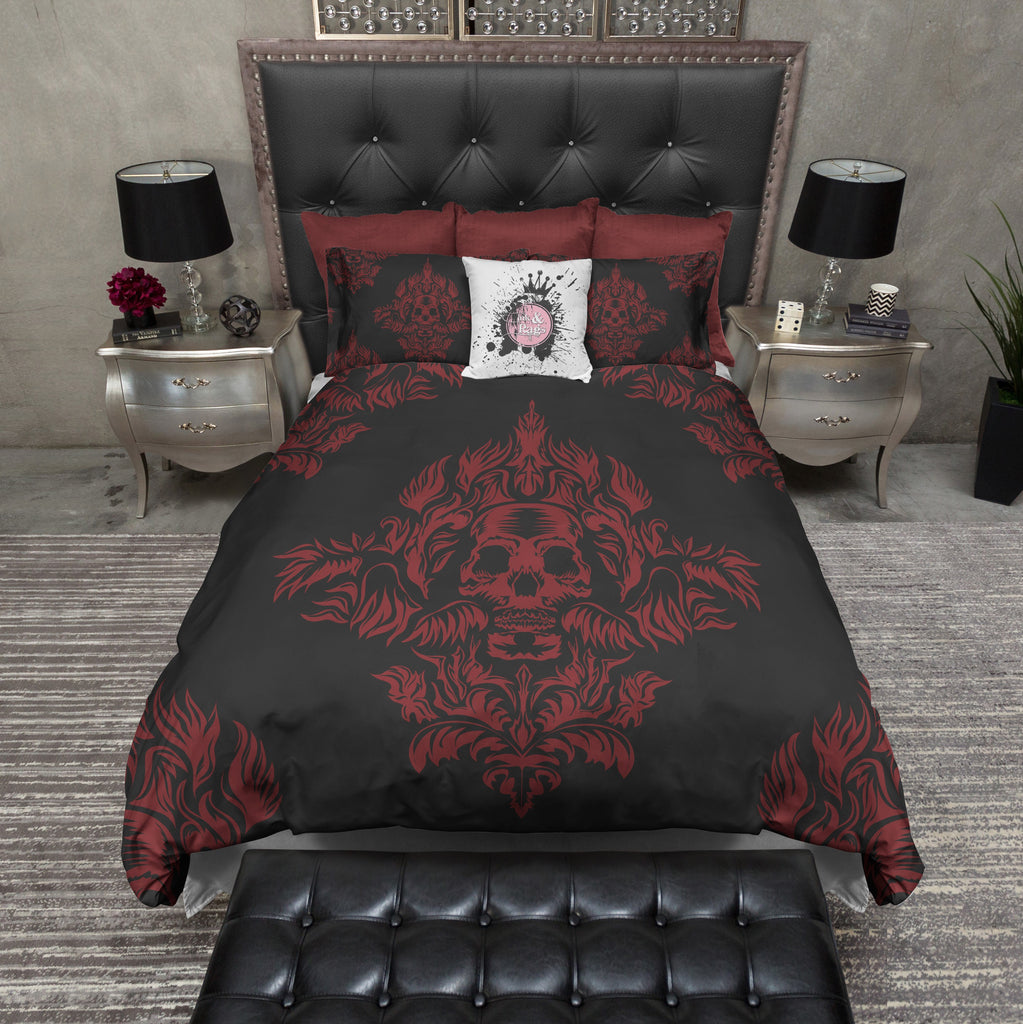 Black and Red Leaf Flame Skull Bedding Collection