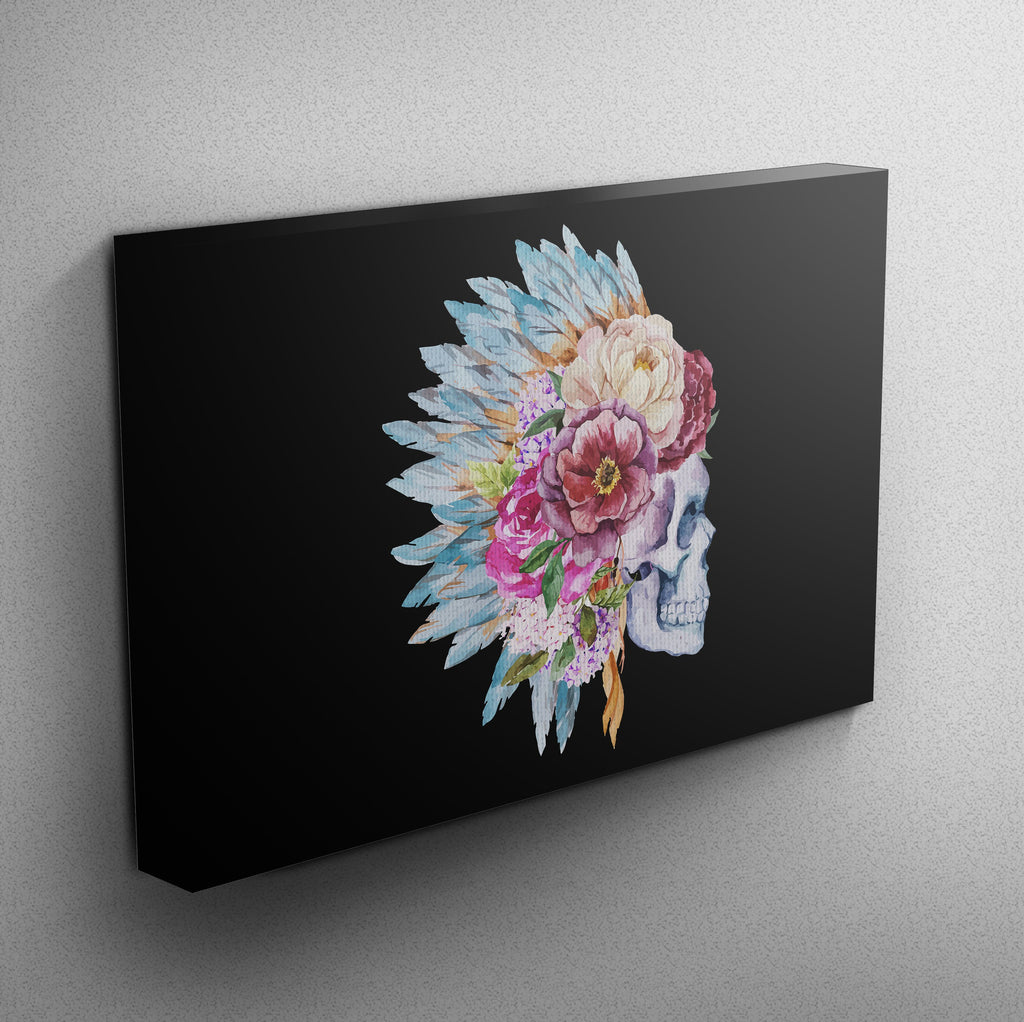 Flower and Native American Indian Headdress Skull Gallery Wrapped Canvas