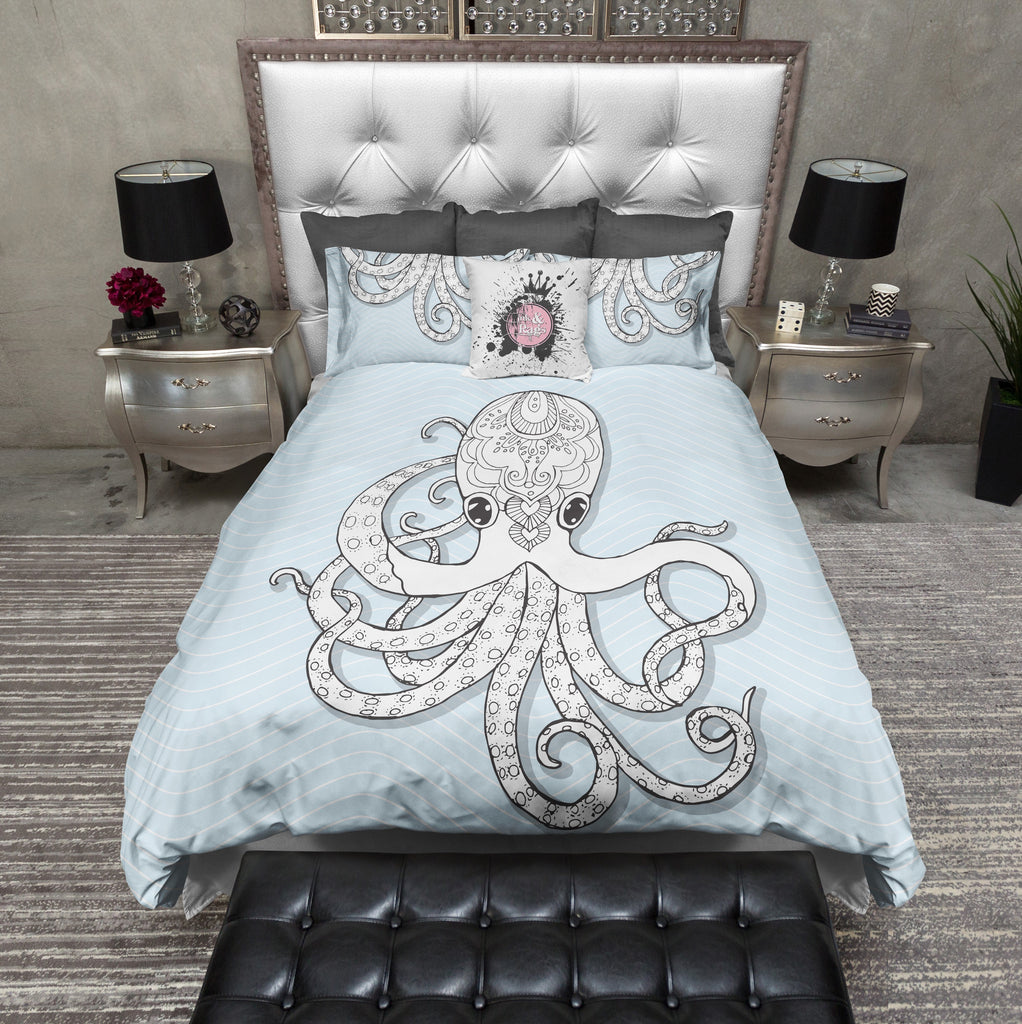 Powder Blue Wave and Henna Octopus Bedding Collection