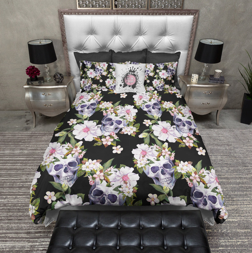 Black Mini Blossoms and Skulls Bedding Collection