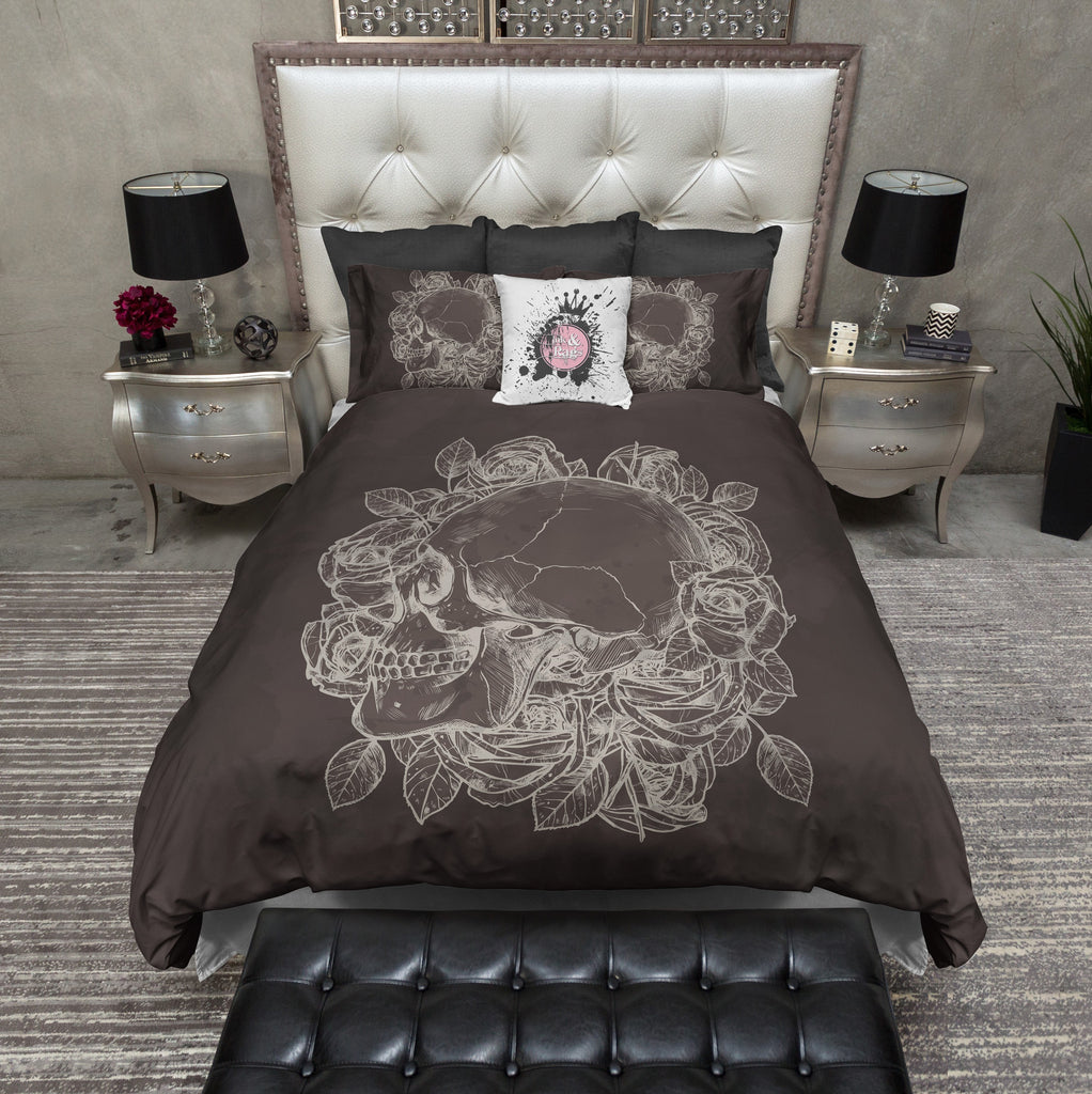 Chocolate Skull and Rose CREAM Bedding Collection