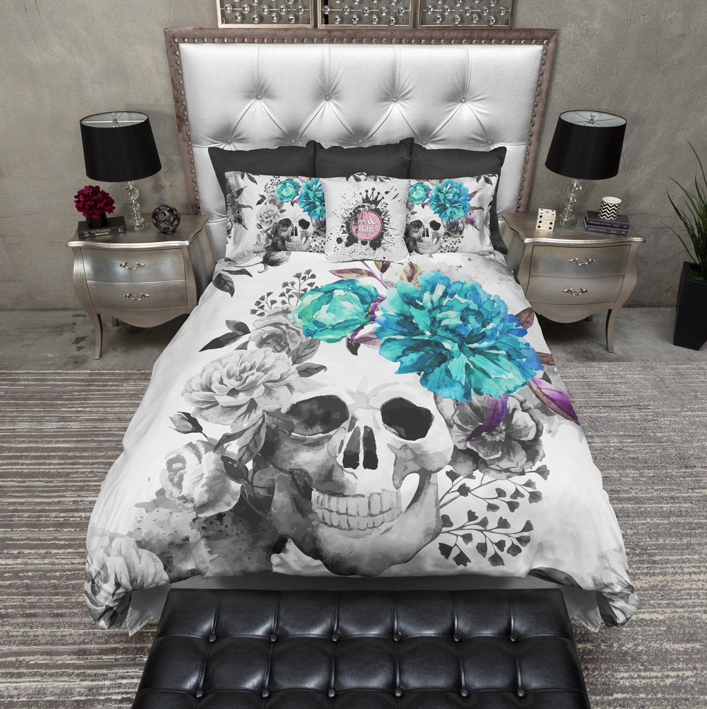 Teal Flower Watercolor Skull Bedding Collection