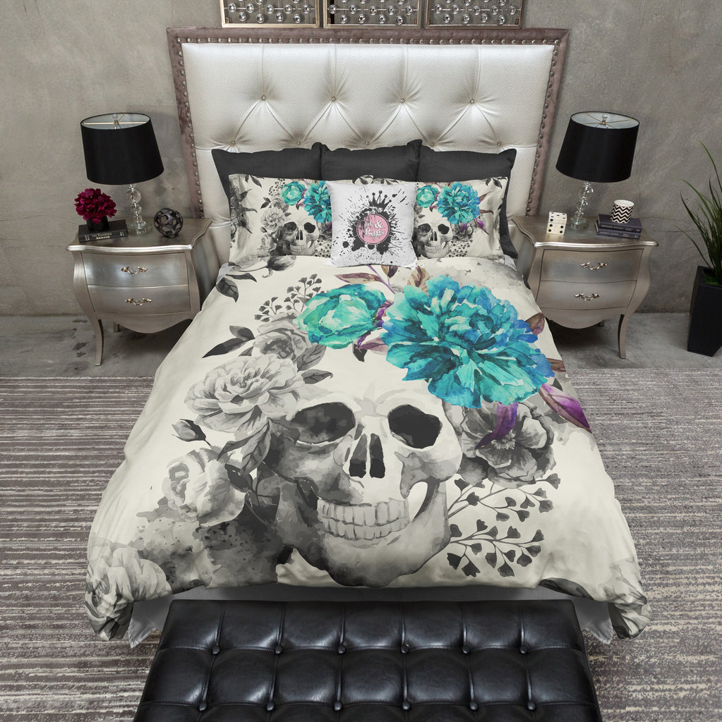 Teal Flower Watercolor Skull CREAM Bedding Collection