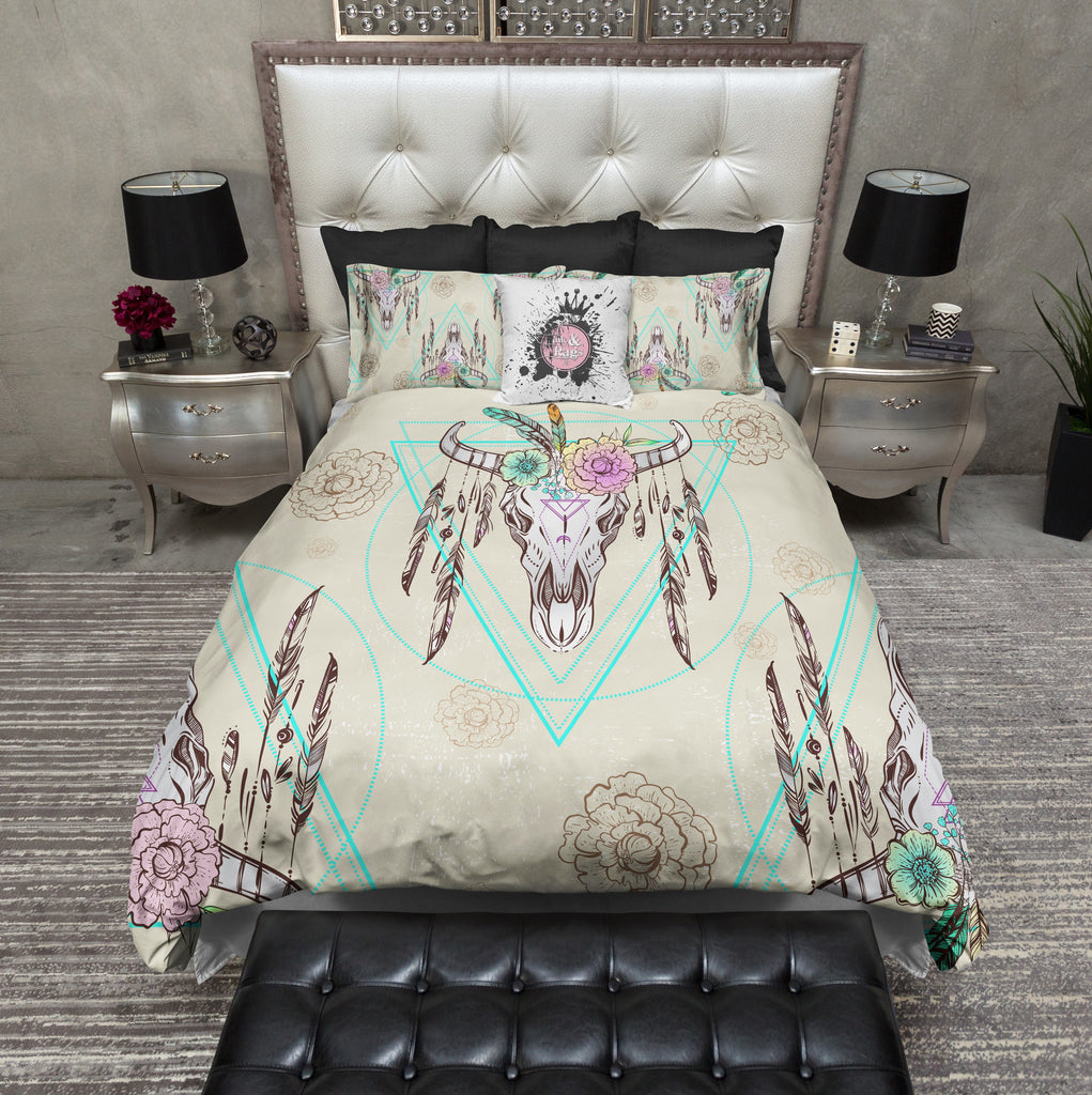 Boho Flower and Feather Bison Skull Bedding Collection