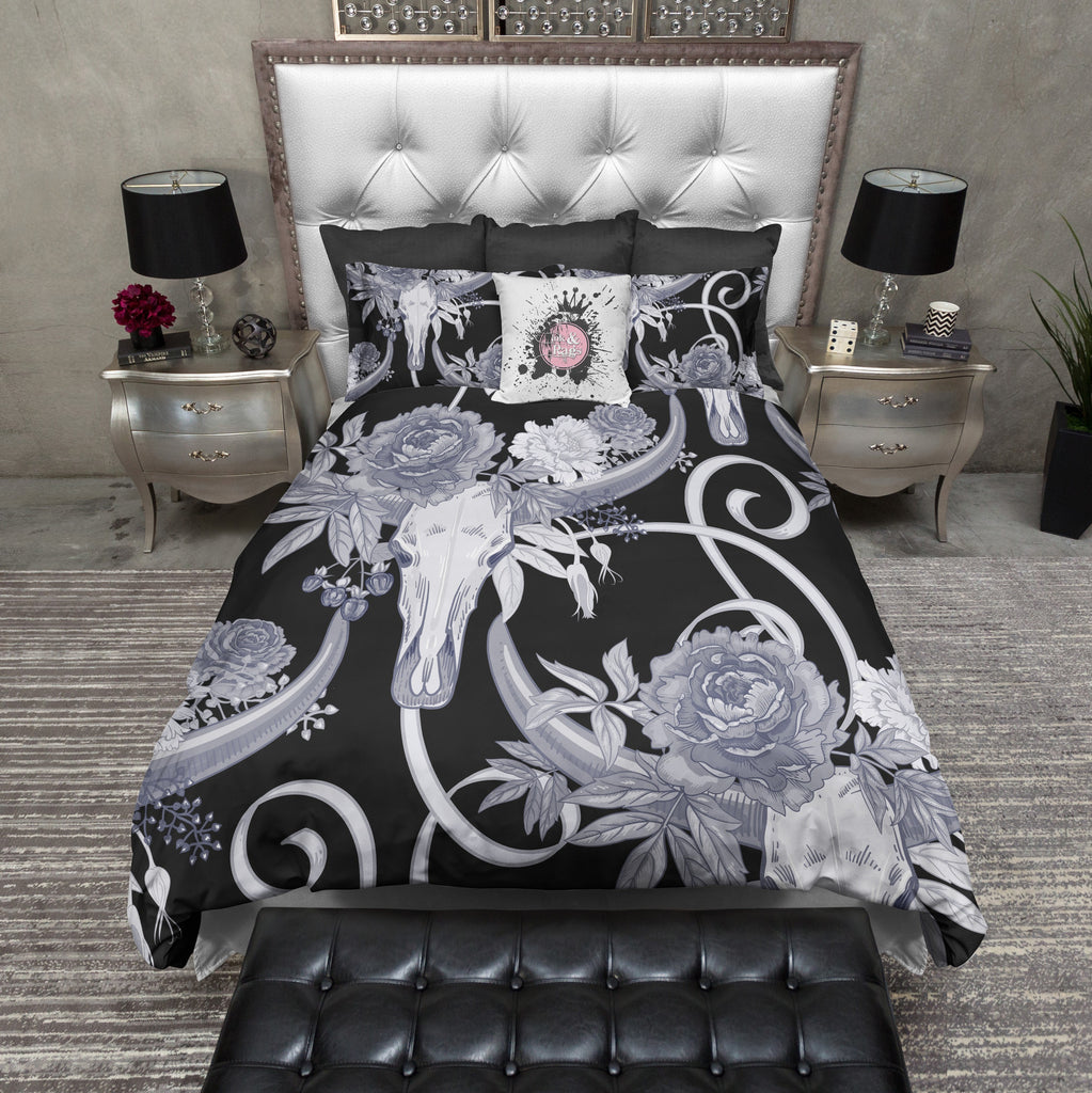Black and Blue Texas Longhorn Skull Flower Ribbon Bedding Collection