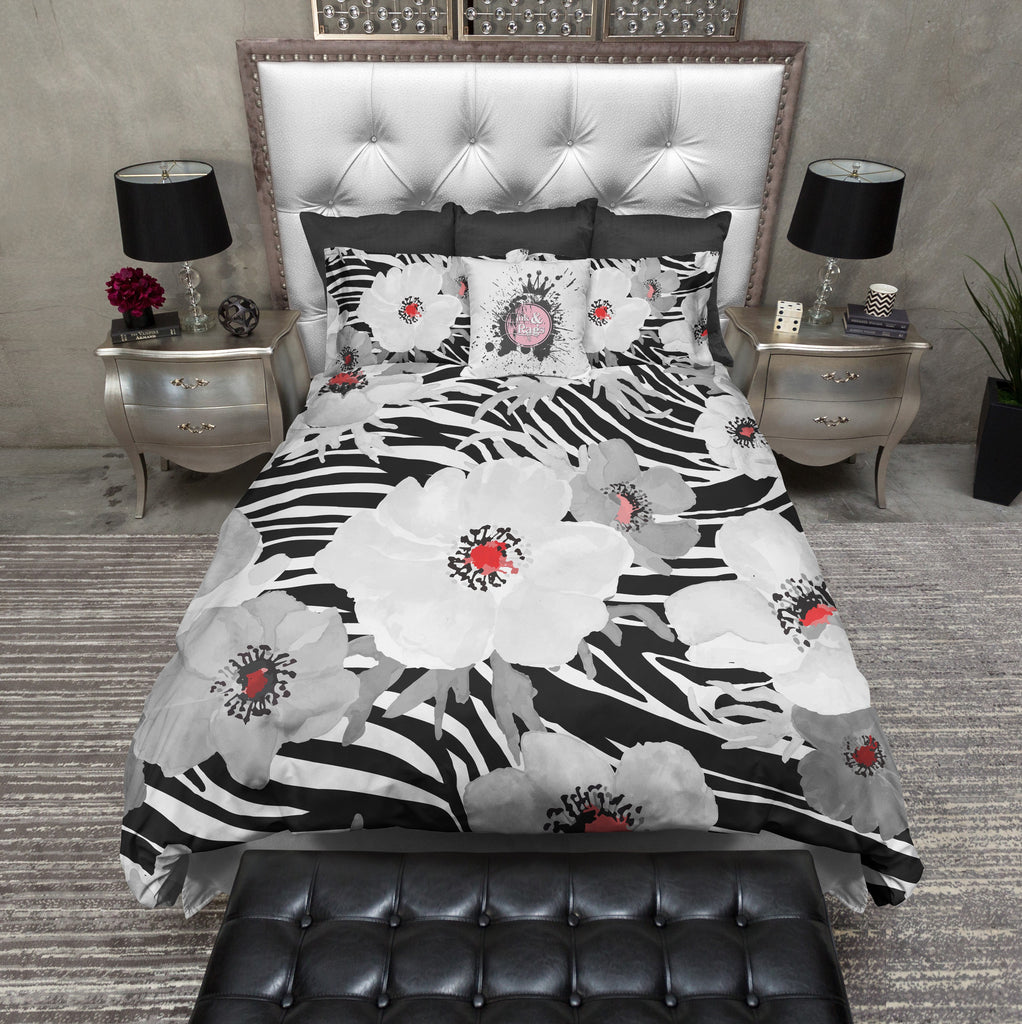 Red White and Grey Poppy and Zebra Bedding Collection