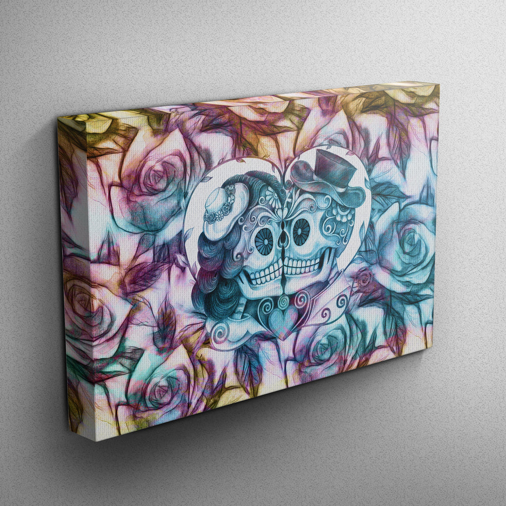 Kissing Sugar Skull Couple Purple, Gold and Teal Skull Gallery Wrapped Canvas