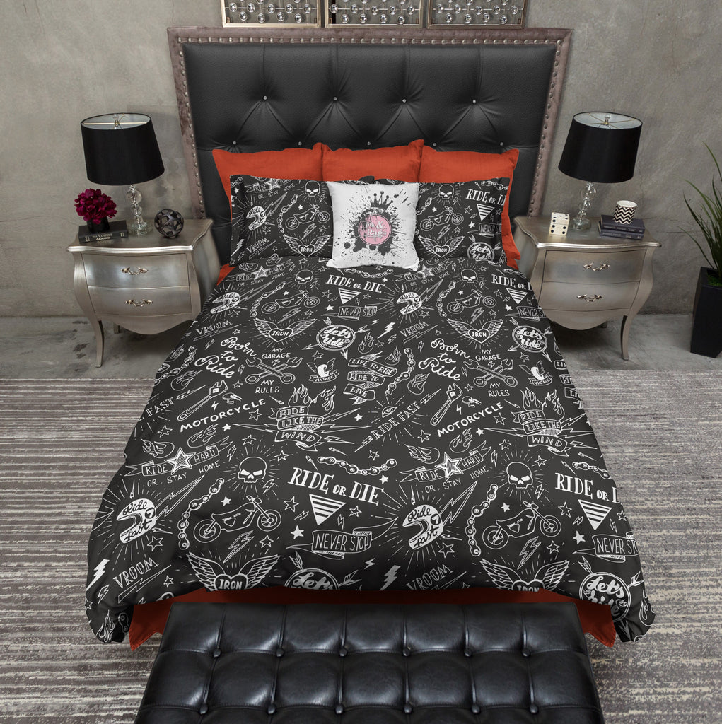 Ride or Die Motorcycle Tattoo Skull Bedding Collection