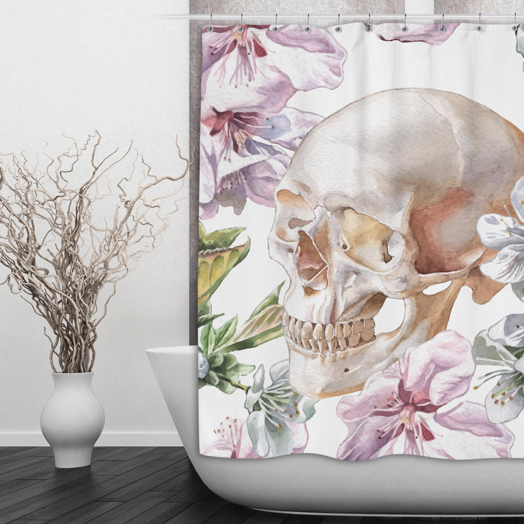 Pink and White Watercolor Flower Skull Shower Curtains and Optional Bath Mats